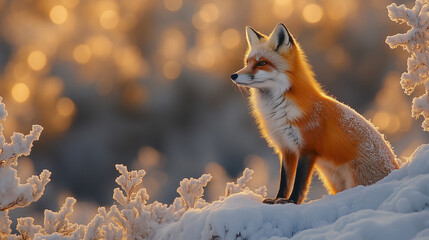 A red fox exploring a snowy winter landscape with ice-covered trees, snowflake details