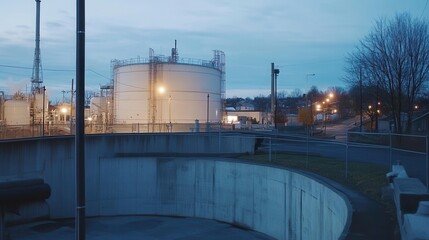 Obraz premium Industrial Facility at Dusk Near Urban Area