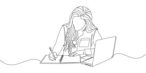 Minimalist Line Art of a Woman Writing in a Notebook with a Laptop