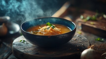 A bowl of hot onion soup on wooden board
