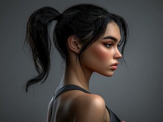 Fototapeta premium Profile view of a woman with her hair in a ponytail. AI.