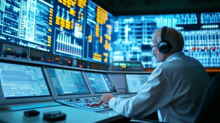 A nuclear engineer in a control room monitoring reactor operations and safety protocols at a nuclear power plant, with control panels and radiation monitors visible