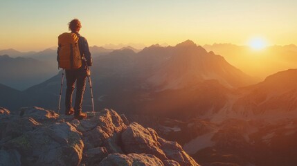 Obraz premium Hiker with Backpack Admires Mountainous Sunset