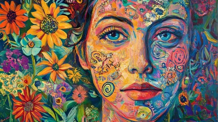 Portrait of a woman with flowers in an oil painting featuring colorful, abstract designs.