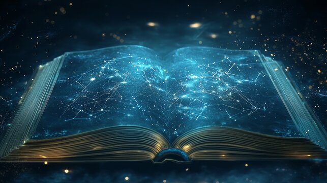 Magical Open Book with Glowing Celestial Constellation and Network Connections - Powered by Adobe