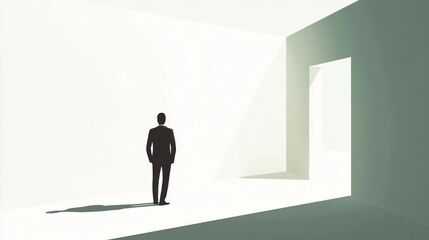Obraz premium A businessman stands before a bright doorway, symbolizing new opportunities, hope, and a positive future. This evocative image represents the potential for growth, success, and a fresh start.