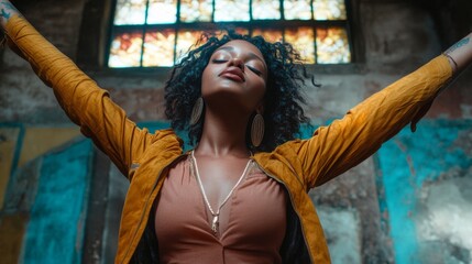 Fototapeta premium Young woman letting go of problems , and feeling free with arms in the air. Praise and worship concept.
