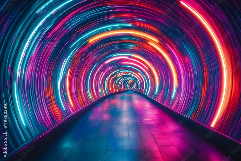 Poster a vibrant tunnel enveloped in swirling neon lights displaying a kaleidoscope of colors, creating a m