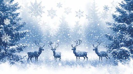 Four majestic deer stand in a snowy forest with falling snowflakes.