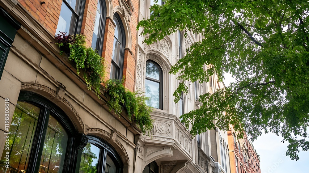 Aufkleber Elegant Urban Architecture with Greenery in a City Setting Bright Daytime Facade : Generative AI