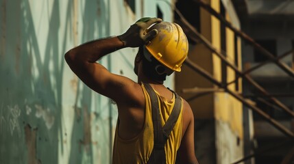 Builder in a Yellow Helmet Standing Before a Construction Site
