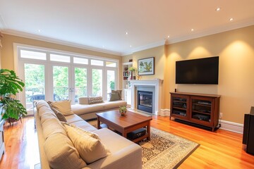 Fototapeta premium Bright and spacious living room featuring modern furniture, large windows, and wooden flooring, creating a warm and inviting atmosphere.