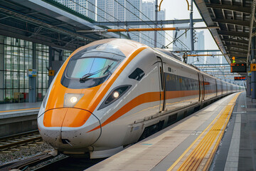 Fototapeta premium Modern big high-speed train in fast motion passes through railway stations, abstract vivid composition consists of fictional unreal fantastic vision on background