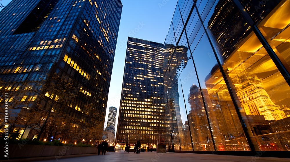Poster dramatic dusk in the heart of the city with skyscrapers and reflections : generative ai