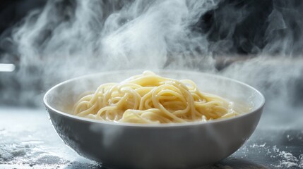 Hot pasta on white bowl