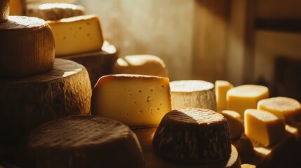 Assorted Cheeses Displayed on Rustic Wooden Table in Warm Light