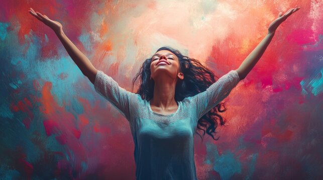 Young woman letting go of problems , and feeling free with arms in the air. Praise and worship concept.