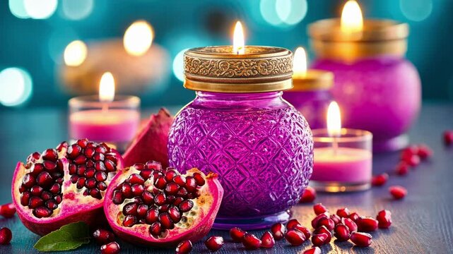Yalda night celebration with pomegranates and candlelit decor for a festive atmosphere