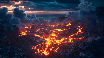 volcanic eruption with glowing magma and billowing ash clouds creates dramatic landscape
