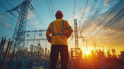 A silhouette of a worker at a power station during a stunning sunset, conveying energy and dedication to the job.