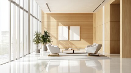 Bright and airy modern art gallery interior featuring clean lines, minimalist design, and natural light, creating an inviting space for art exhibitions.