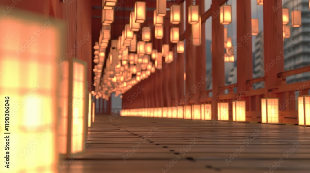 Poster chinese walkway adorned with lanterns in traditional architecture, inviting tranquility and harmony 