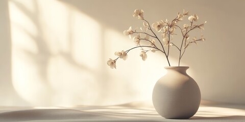 A simple ceramic vase with white flowers casting gentle shadows, creating a serene and minimalist aesthetic in a sunlit room.