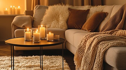 Cozy living room candles, sofa, autumn, warmth, relaxation
