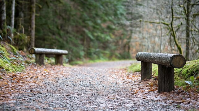 Scenic Autumn Forest Path with Wooden Benches Amidst Lush Greenery and Fallen Leaves : Generative AI