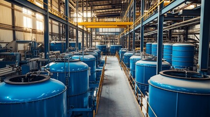 Fototapeta premium Industrial factory interior with rows of large blue tanks and metal structures.