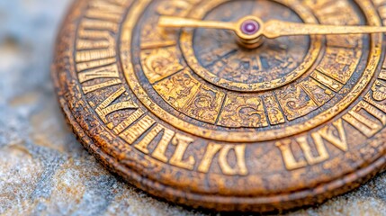 Naklejka premium Close-up View of an Ornate Antique Compass Rose with Intricate Design and Detailed Numbers on a Stone Surface