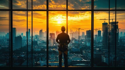 A construction worker gazes out at a stunning sunset over a busy cityscape, reflecting on progress and future challenges.