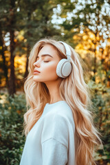 Naklejka premium Tranquil moment of a woman listening to music in a peaceful outdoor setting 