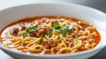 Pasta soup on a white plate close up