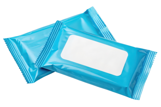 Two blue packages of wet wipes isolated with transparent background