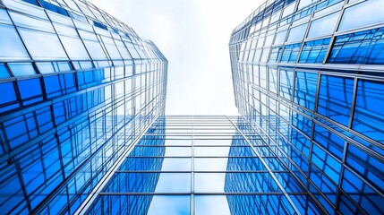 Low-angle view of two modern glass skyscrapers reaching for a bright sky.