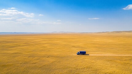 Obraz premium A lone blue truck drives across a vast, golden field under a clear blue sky.