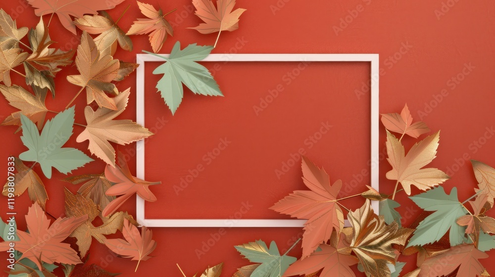Poster white empty frame flat lay with colorful maple leaves surrounding an empty picture frame on a vibran