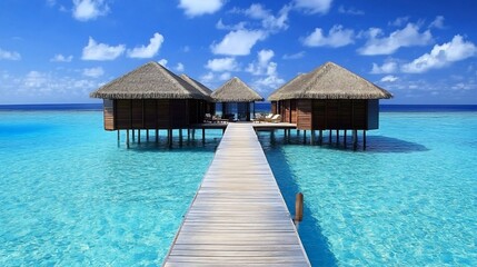 Overwater bungalows with wooden walkway, turquoise ocean, and blue sky.