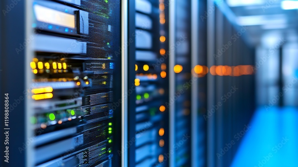 Fototapete Modern Data Center with Rows of Network Servers and Blinking Indicator Lights : Generative AI