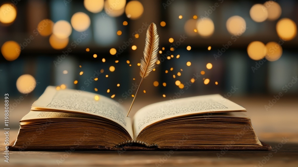 Poster open book with feather quill and magical particles floating in air against a blurred library backgro
