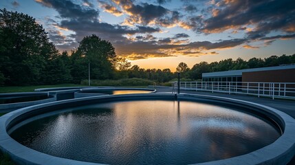 Fototapeta premium Sunset over circular water treatment basins.
