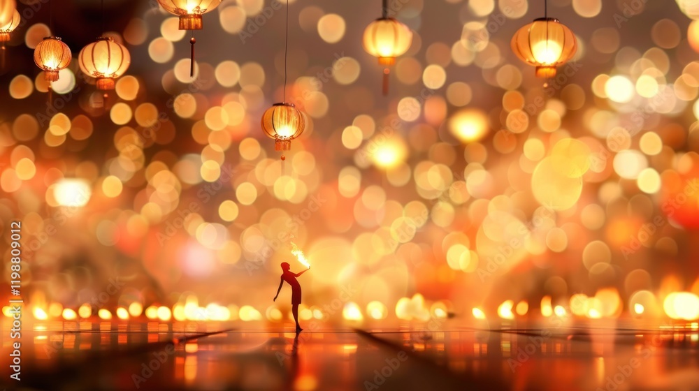 Aufkleber ethereal scene with silhouette of a dancer against a background of glowing lanterns and bokeh lights