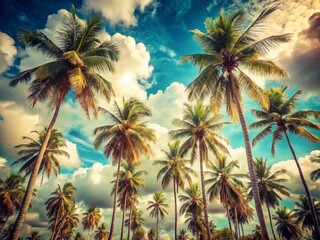 Vintage Tropical Palm Trees, Blue Sky, White Clouds - Stock Photo