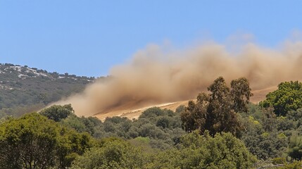 Dust cloud billowing from hillside, obscuring vegetation.