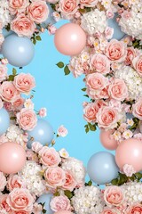 Obraz premium A Dreamy Scene of Floating Roses and Bubbles Under a Clear Blue Sky