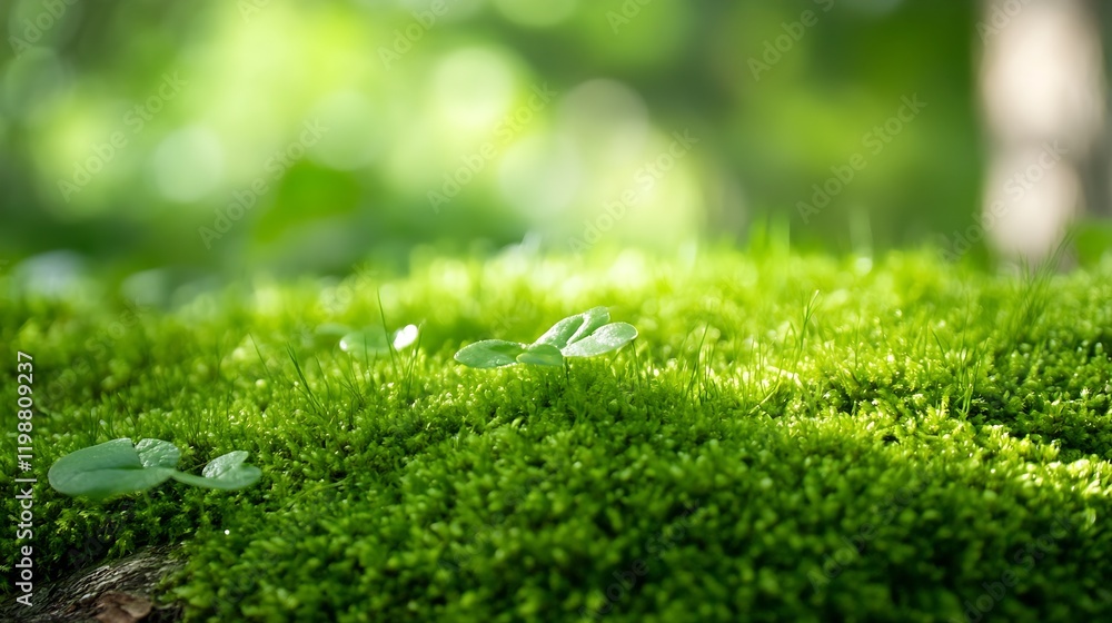 Poster beautiful soft green moss with delicate leaves in lush forest environment : generative ai