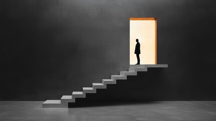 Obraz premium A lone figure standing in silhouette at the top of stairs leading to a bright open doorway in minimalistic setting