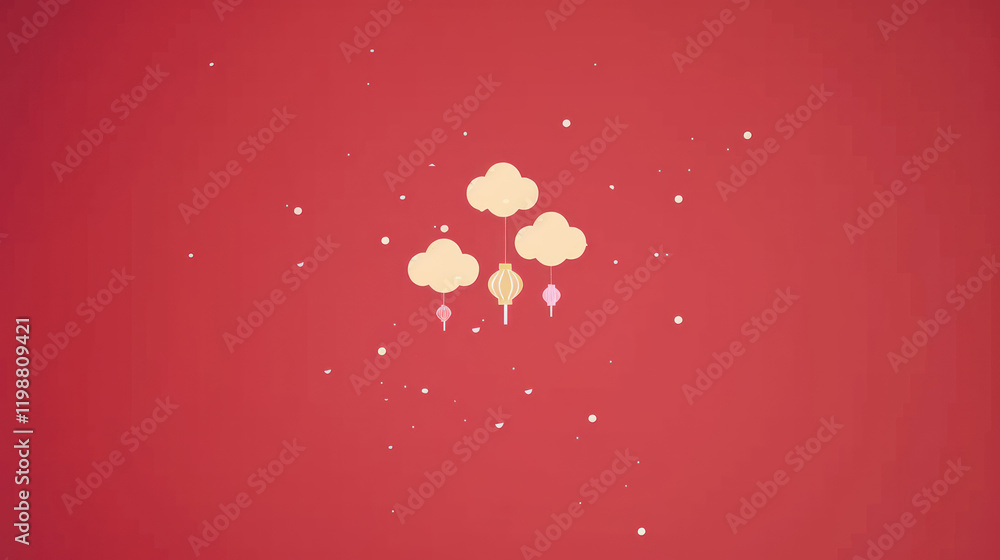 Poster chinese abstract red background with clouds, lanterns, and soft floating particles for a festive and