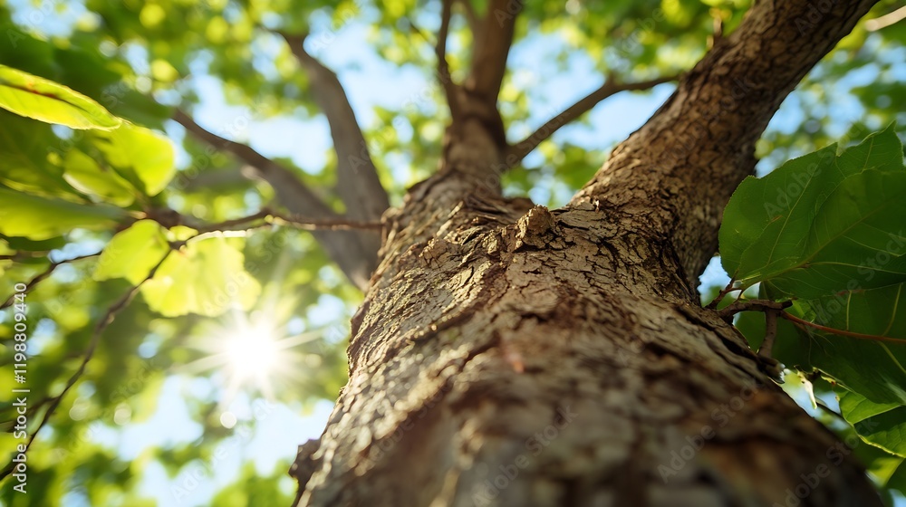 Poster Low angle view of tree trunk with sun shining through green foliage : Generative AI